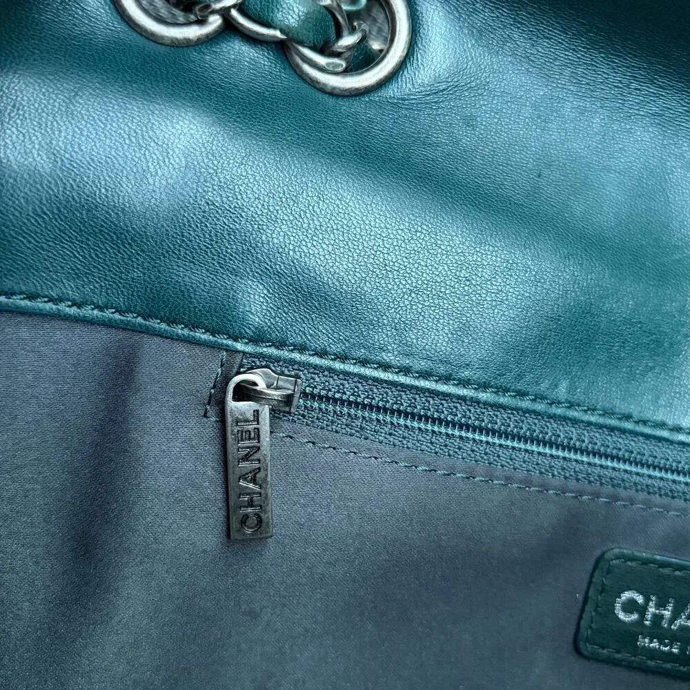 Chanel Classic Flap Jumbo Accordion Dark Green Lambskin Silver Hardware w/ COA